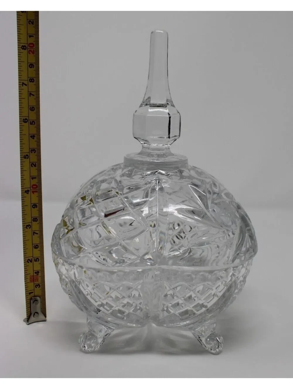 Vintage Cut Crystal Covered Candy Dish Footed Pedestal Bowl with Finial Lid